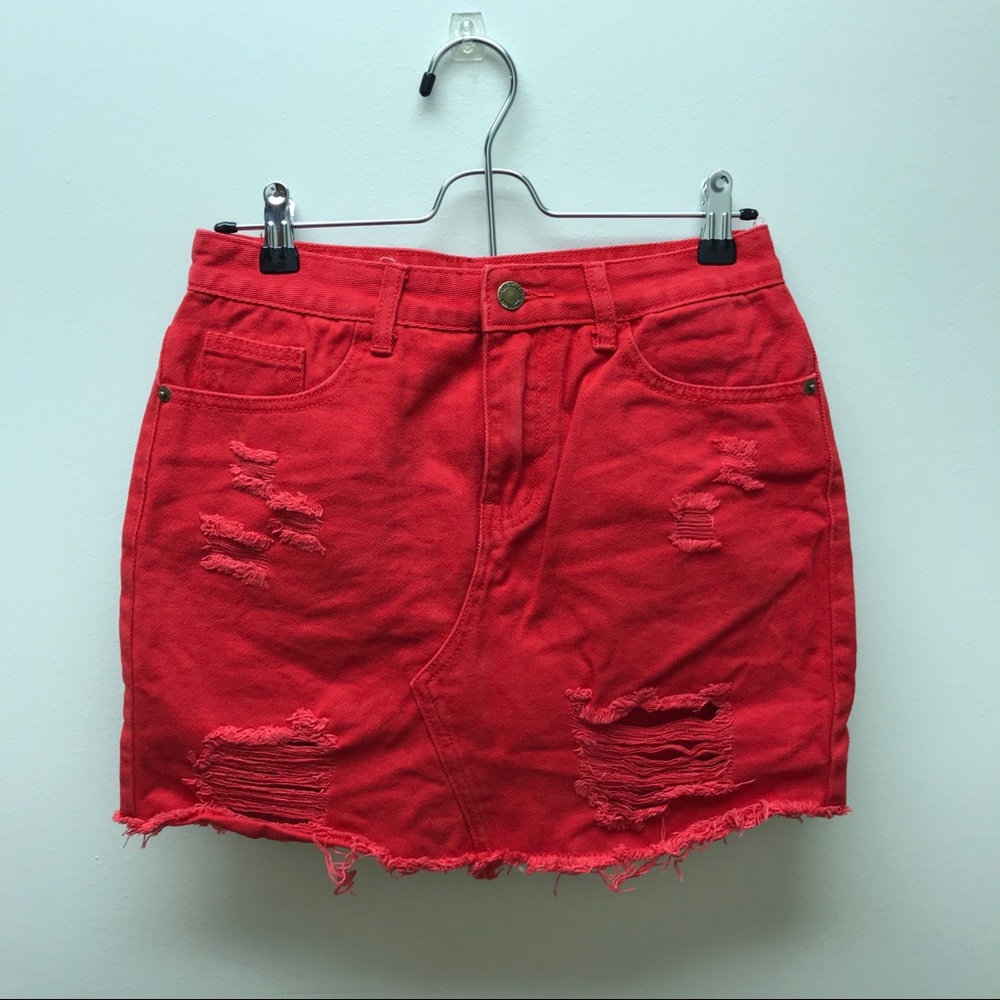 Red Distressed Jean Skirt